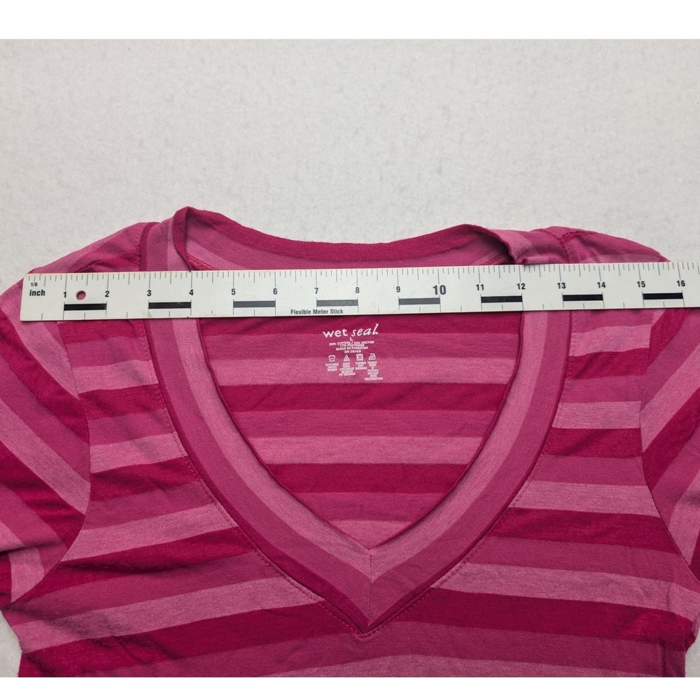 Y2K Wet Seal Striped Long Sleeve Tee Women Large Pink V-Neck Top - Picture 5 of 6